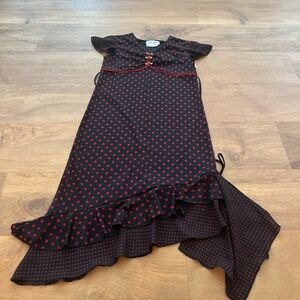 Size 8 Amy Byer Black Red Polka Dot Dress Capped Sleeves Asymmetrical Hem EUC